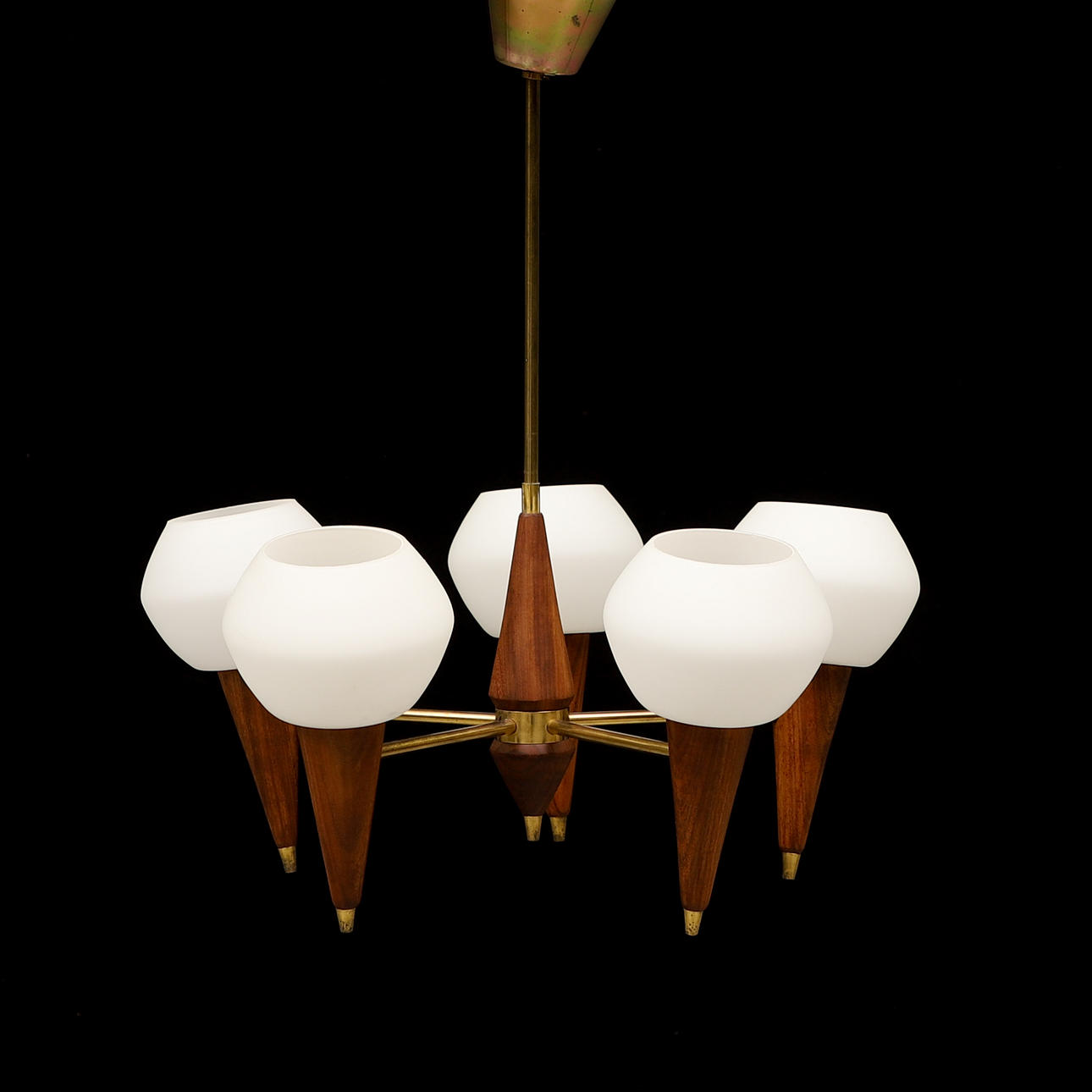 CEILING LAMP, teak and brass. 1950s.