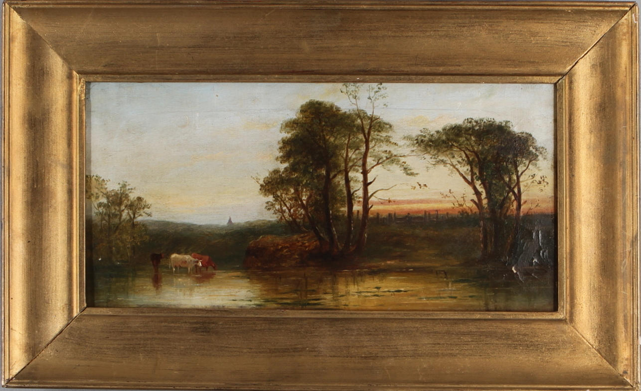 OIDENTIFIERAD KONSTNÄR. Kor vid vattendrag, olja på duk, England, 1800-tal.