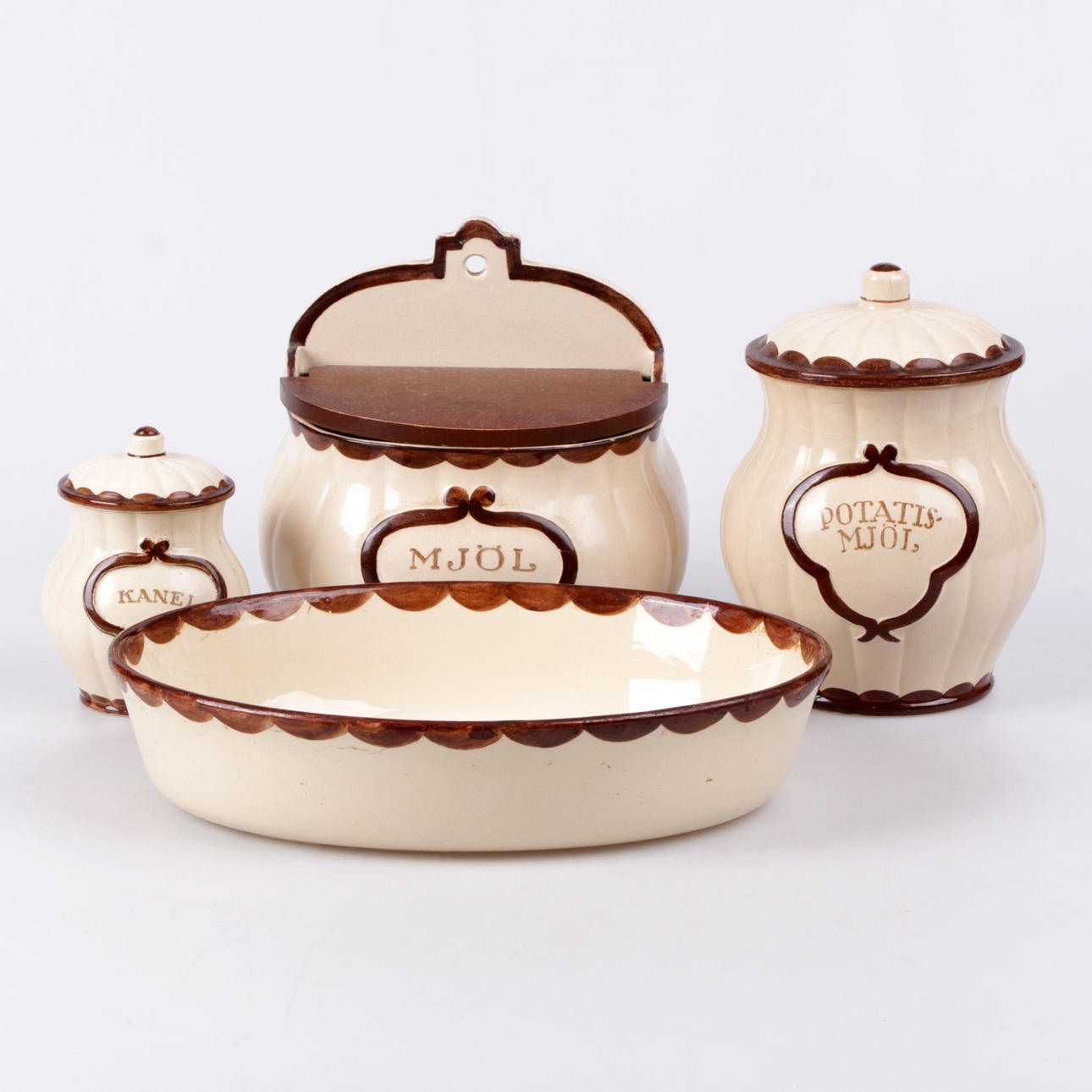 KRYDDBURKAR, samt form, 4 delar, flintgods, "Pyro", Wilhelm Kåge, Gustavsberg.