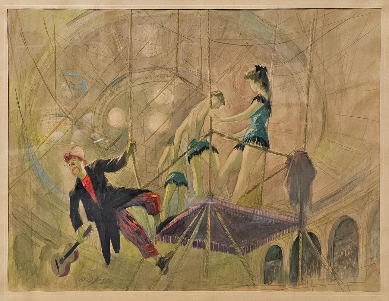 ALFREDO OPISSO. CIRCUS SCENE. GOUACHE ON PAPER.