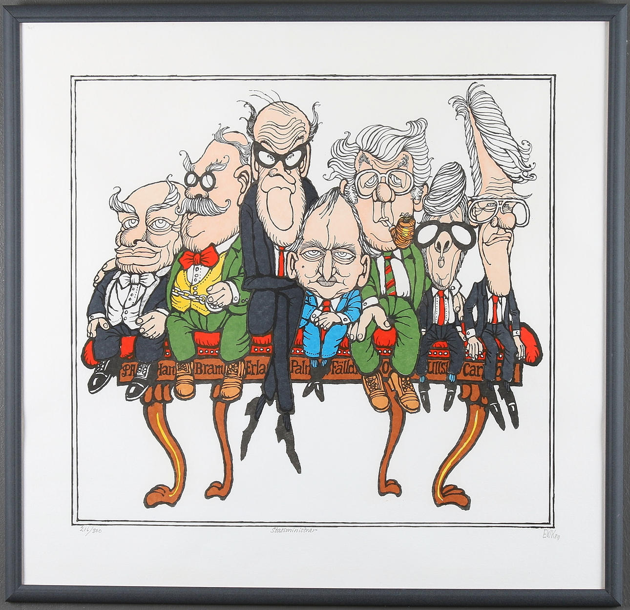 EWERT KARLSSON, EWK. "Statsministrar", färglitografi, monogramsignerad, numrerad och daterad, 216/300, -89.