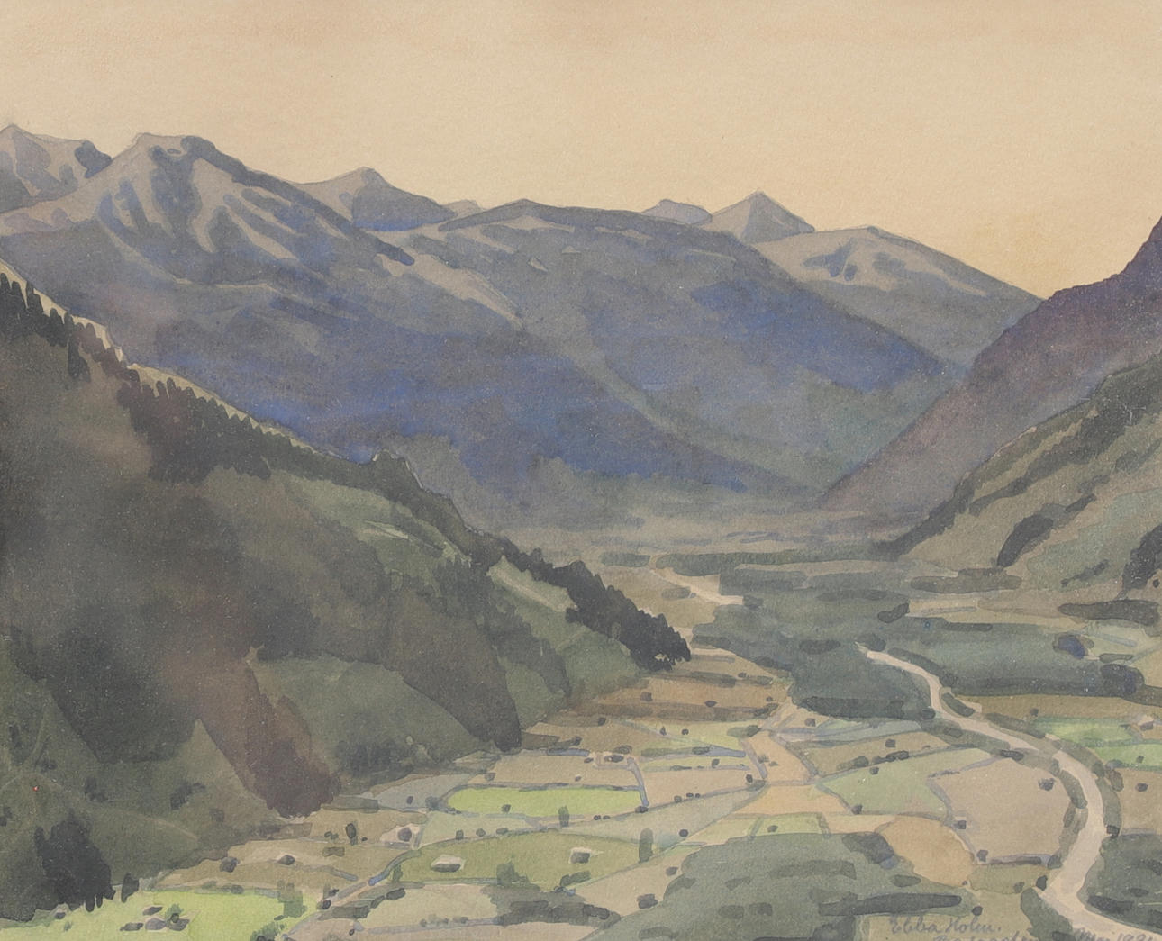 EBBA HOLM. Landscape view, watercolor, Badgastein, signed, dated.