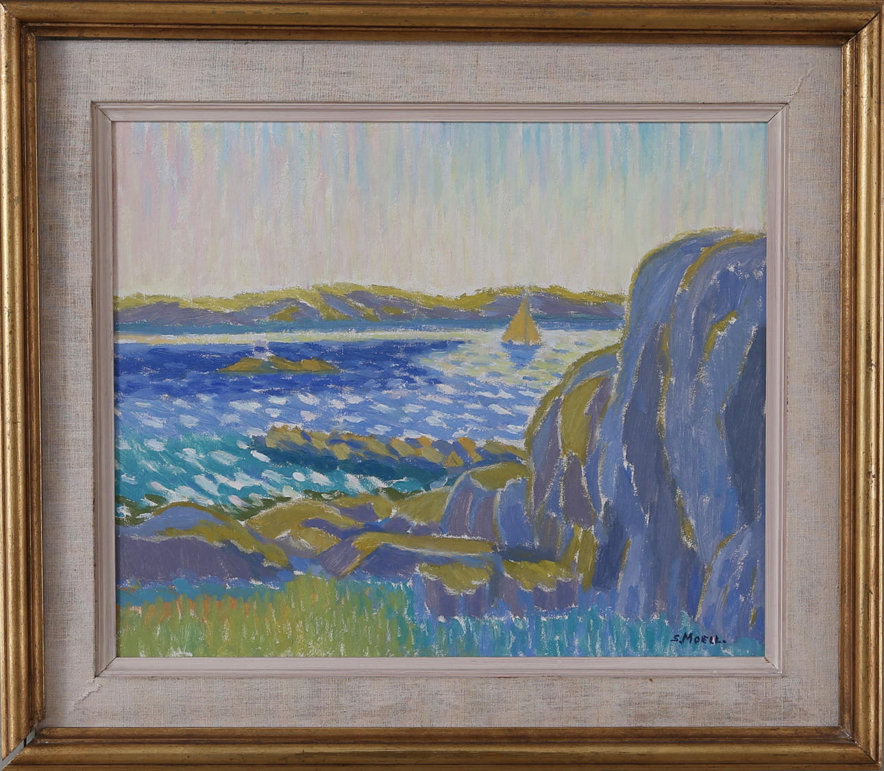 SVEN MOELL. "Solskimmer Saltholmen", olja på pannå, signerad samt daterad 1951.