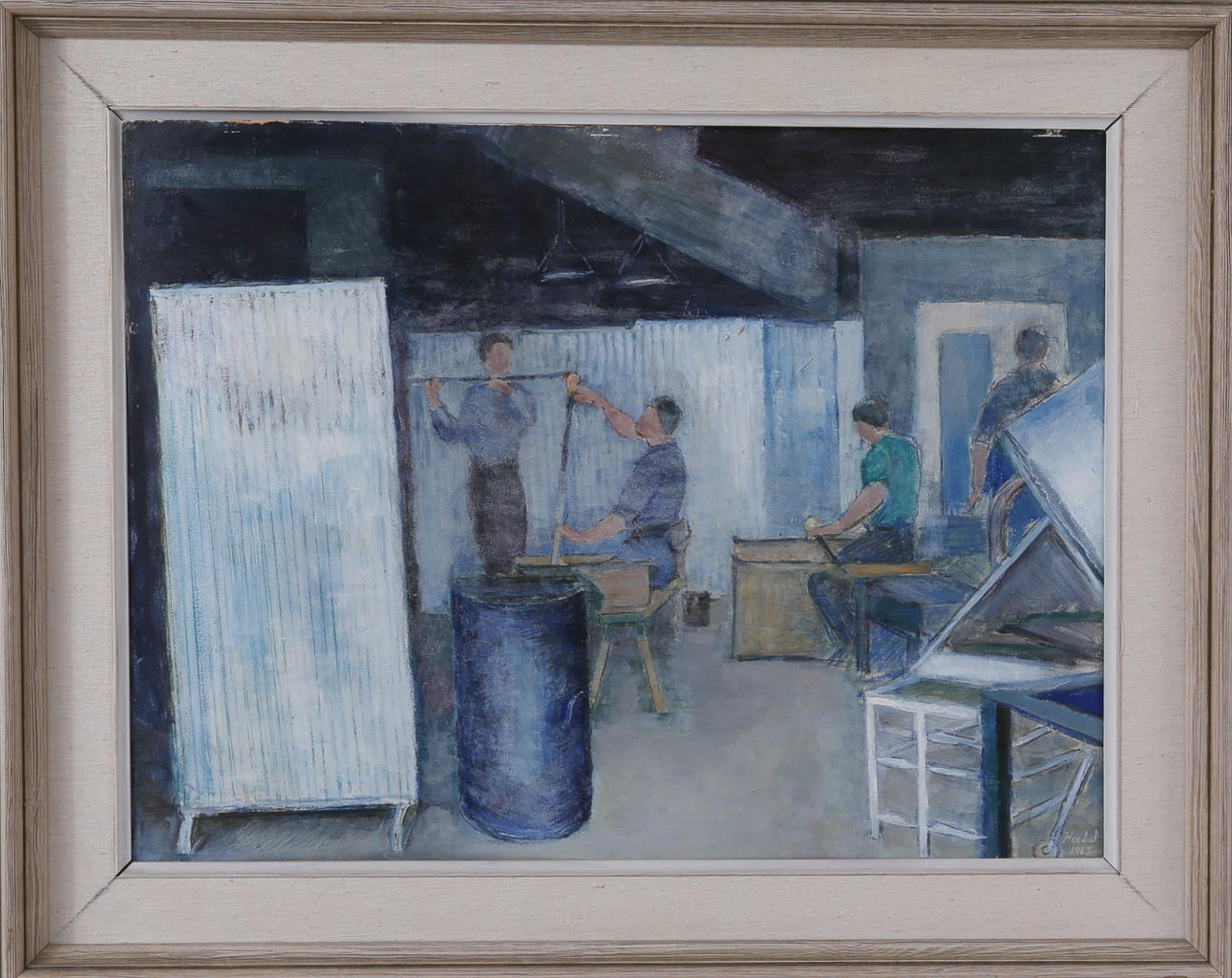 EDWARD HALD. "De nya Eldskärnarna", motiv från Orrefors hytta, blandteknik, signerad och daterad 1963.