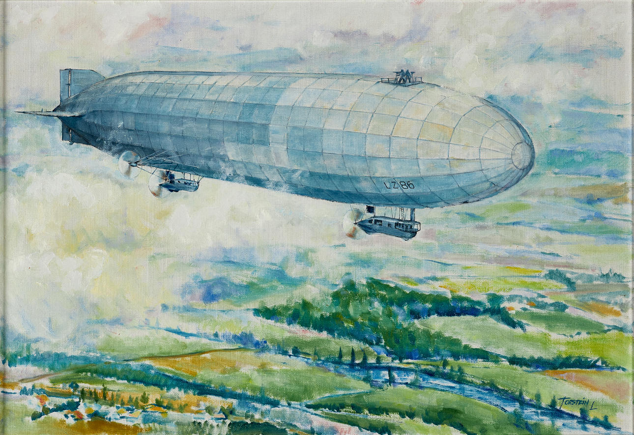 TORSTEIN LANDSTRÖM F. 1941. Zeppelinare (LZ 86), olja på duk, signerad ...