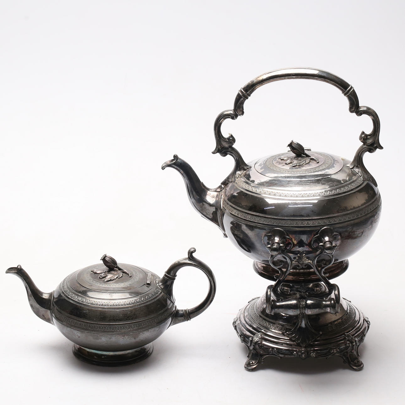 RECHAUD TEAPOT AND TEAPOT, white metal, by R. Broadhead, 19th century ...