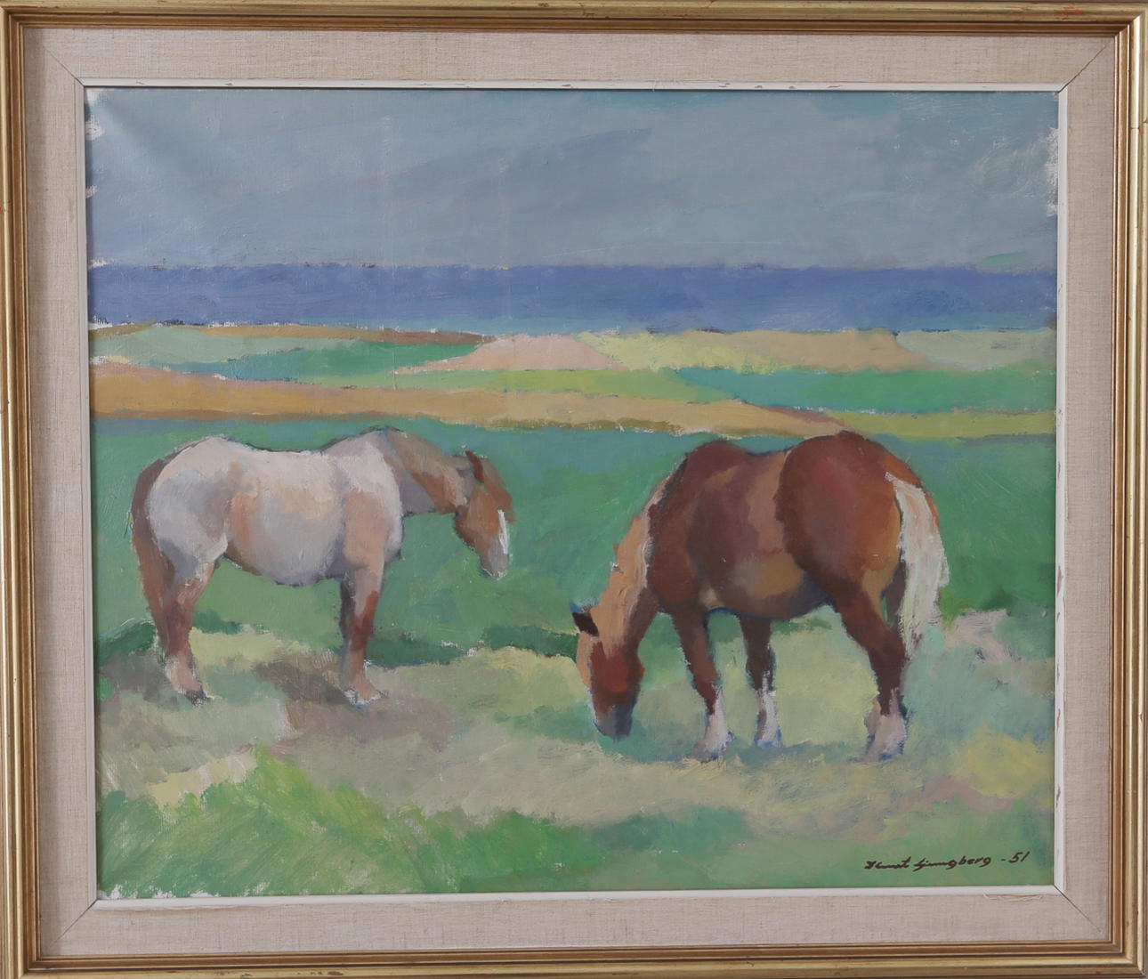 OIDENTIFIERAD KONSTNÄR. Hästar på bete, olja på duk, signerad.