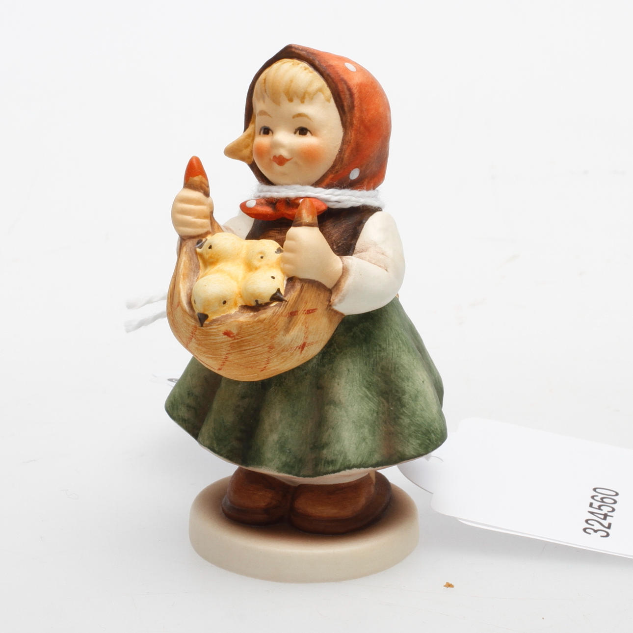 FIGURIN, flicka med kycklingar i korg, MJ Hummel, Goebel, Tyskland.