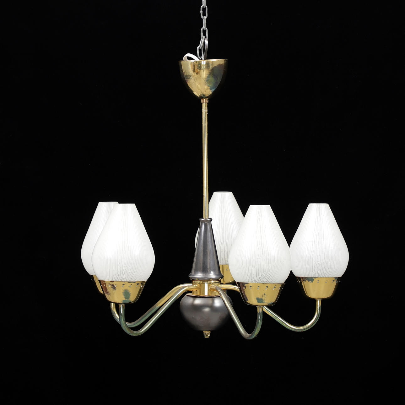 A BRASS/glass ceiling lamp, mid 20th century.