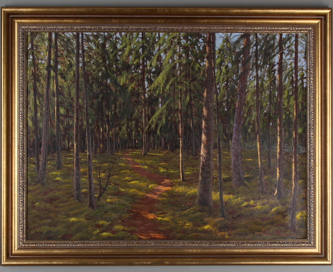 BIRGER HJELM. Skogslandskap i solljus, oljemålning på pannå. Signerad.