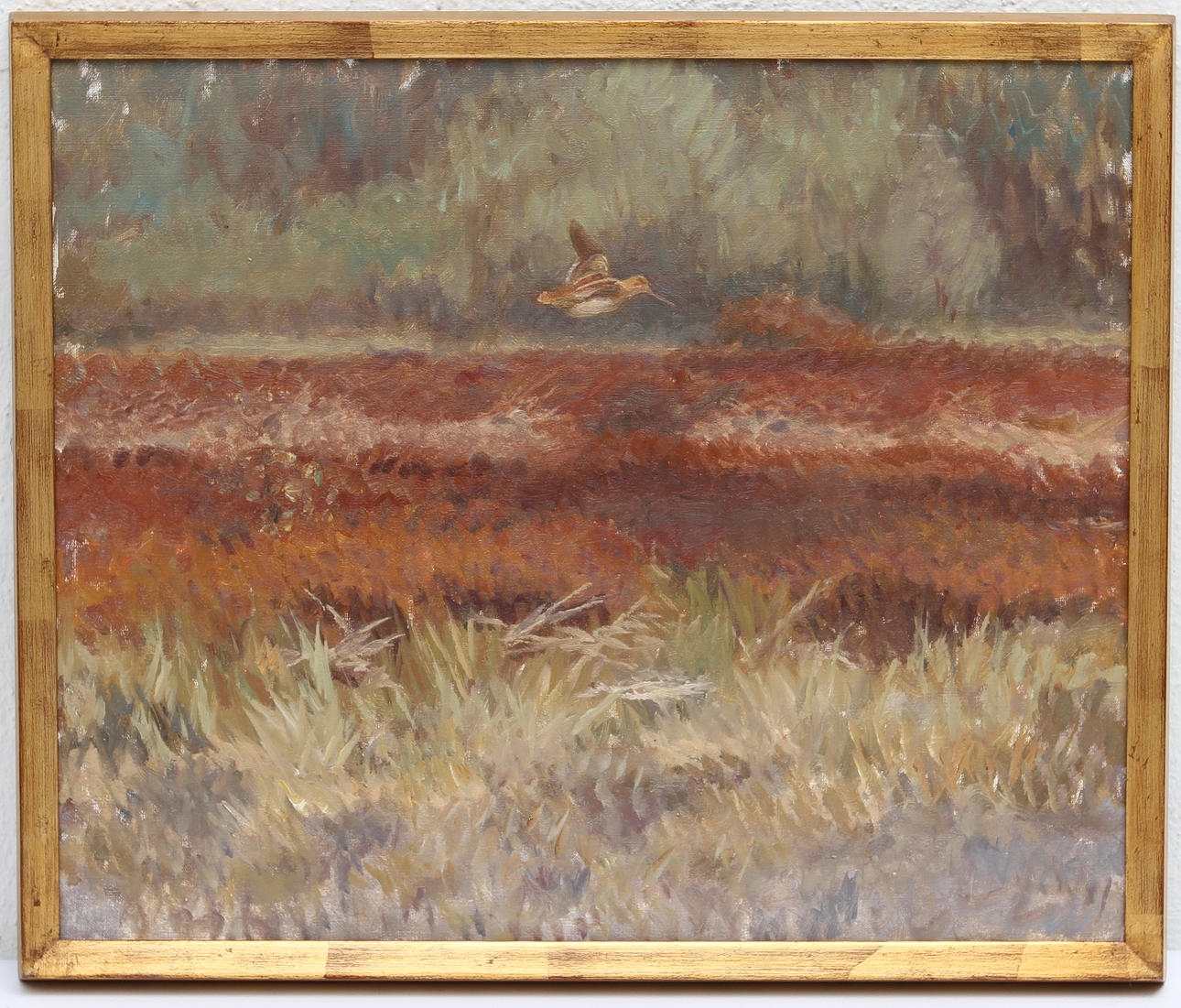 ALLAN ANDERSSON. TILLSKRIVEN. "Beckasin över blommande pors". Olja på duk.