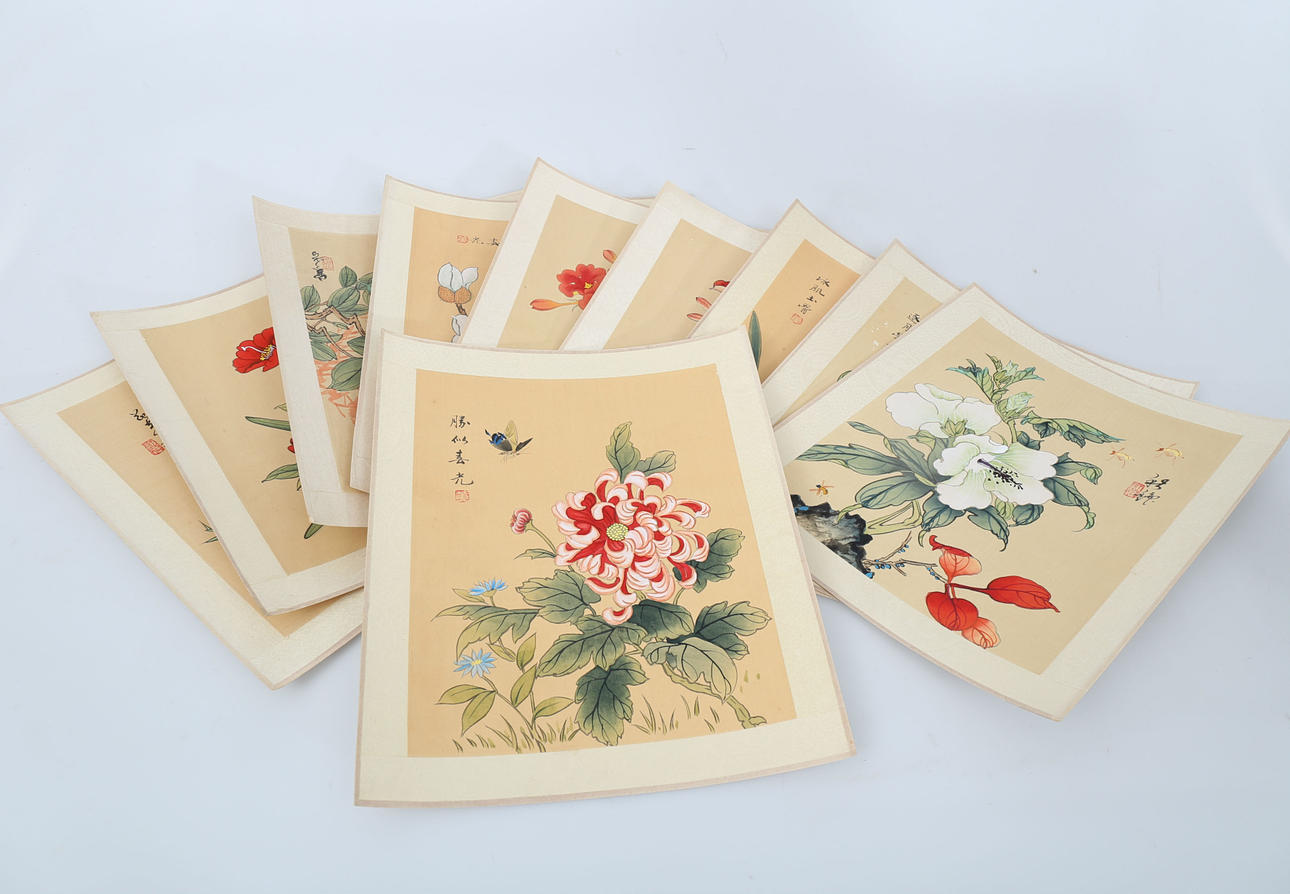 OIDENTIFIERAD KONSTNÄR, Akvareller på siden, 10 stycken, Blommor och insekter, Kina, 1800-1900-tal.
