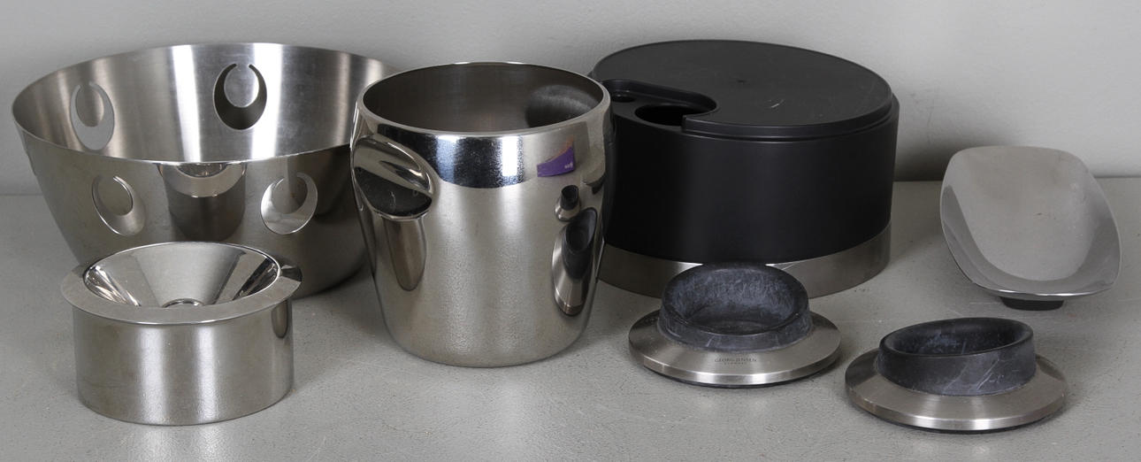 SKÅLAR mm, 7 delar, rostfritt och plast, bl.a. Georg Jensen, Alessi.