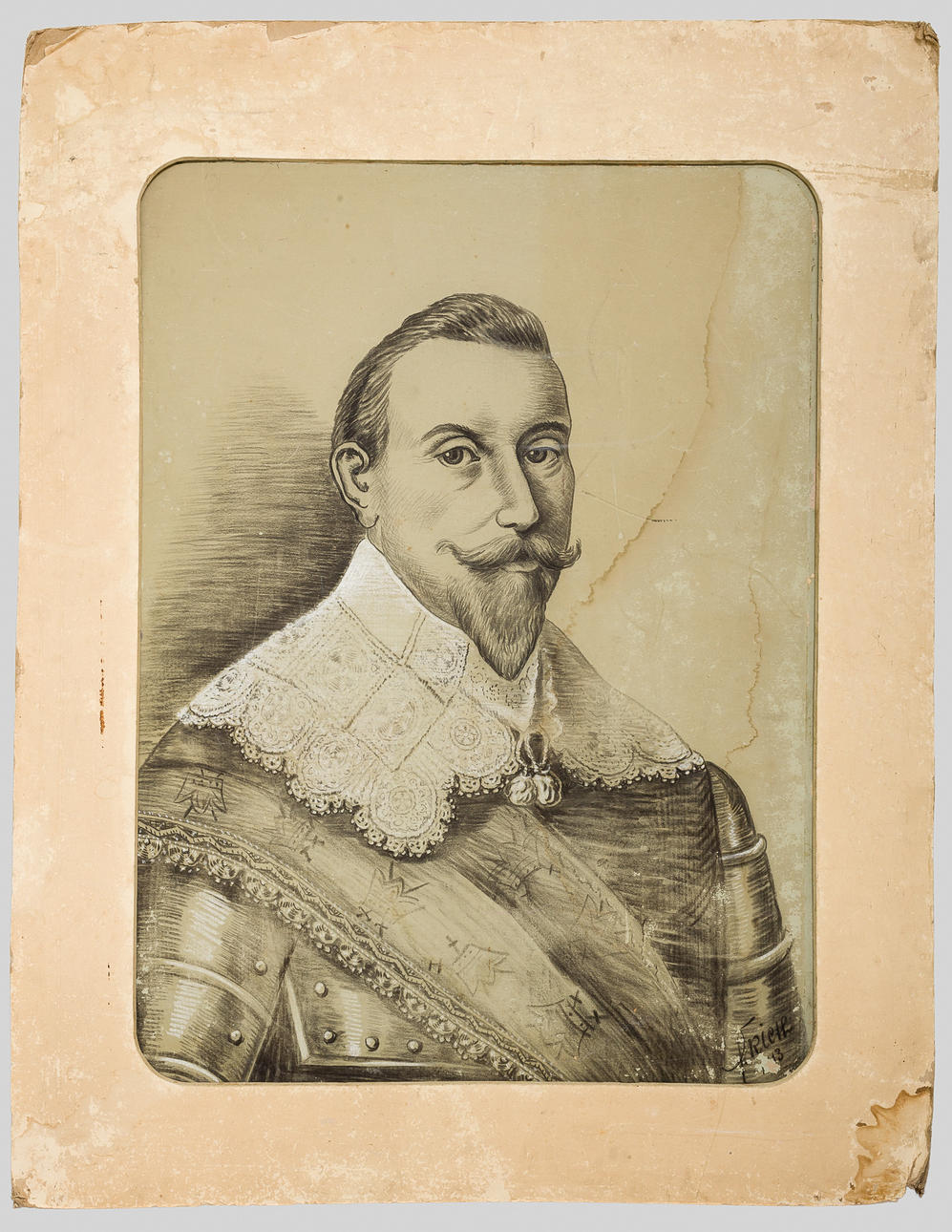 TAVLA, teckning, porträtt av Gustav II Adolf, Signerad P. Kieth.