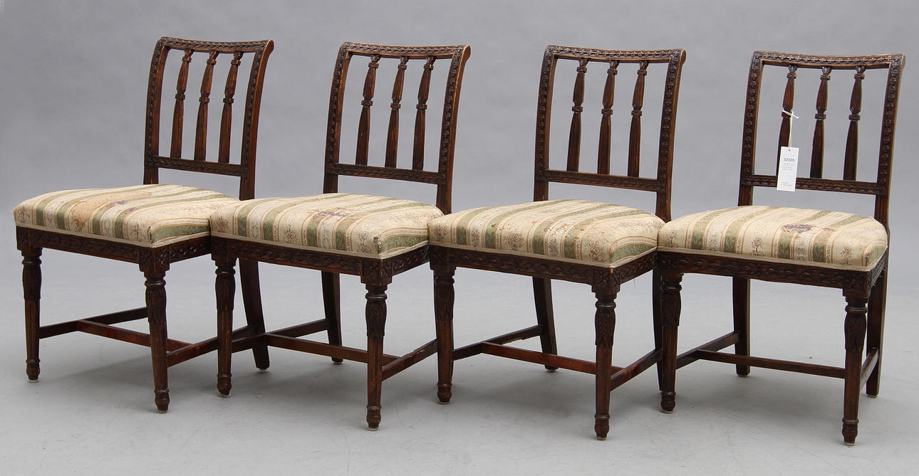 TABURETT samt STOLAR, 4 st, gustavianska, 1700/1800-tal.
