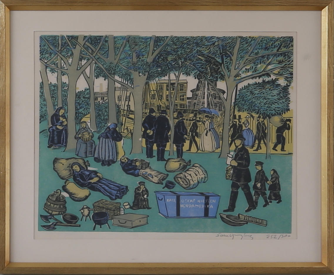 SVEN LJUNGBERG. "Utvandrarna" samt "Dop i sjön", träsnitt, 2 st, signerade och numrerade 21/360 samt 252/300.