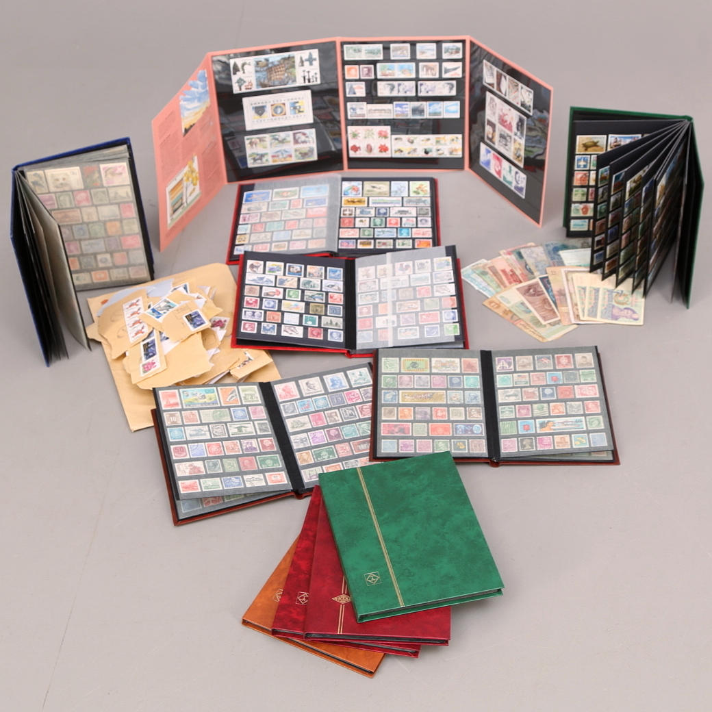 FRIMÄRKSSAMLING, 10 album, Europa + BREVKLIPP + POSTFRISKA svenska frimärken 1990 + diverse sedlar.