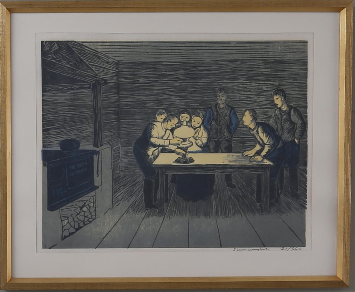 SVEN LJUNGBERG. "Kring fotogenlampan" samt "Timmerhusbyggnad", träsnitt, 2 st, signerade och numrerade 21/360 samt 252/300.