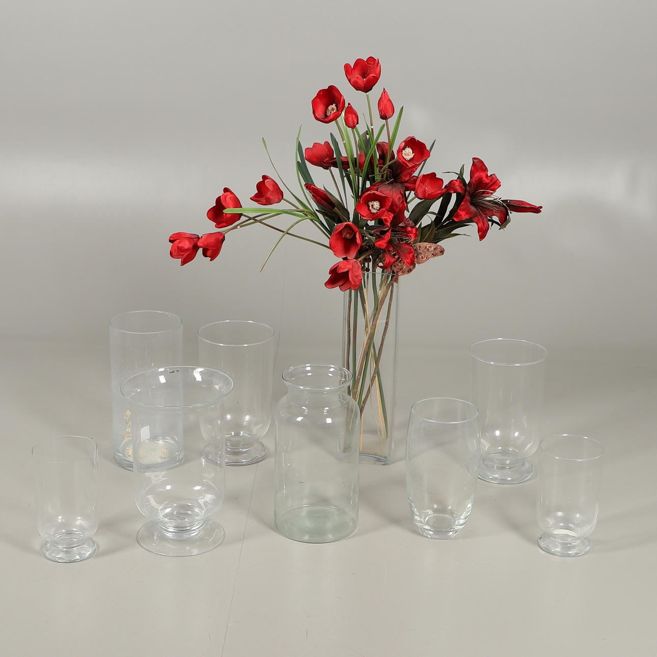 VARIOUS LARGE GLASS VASES.