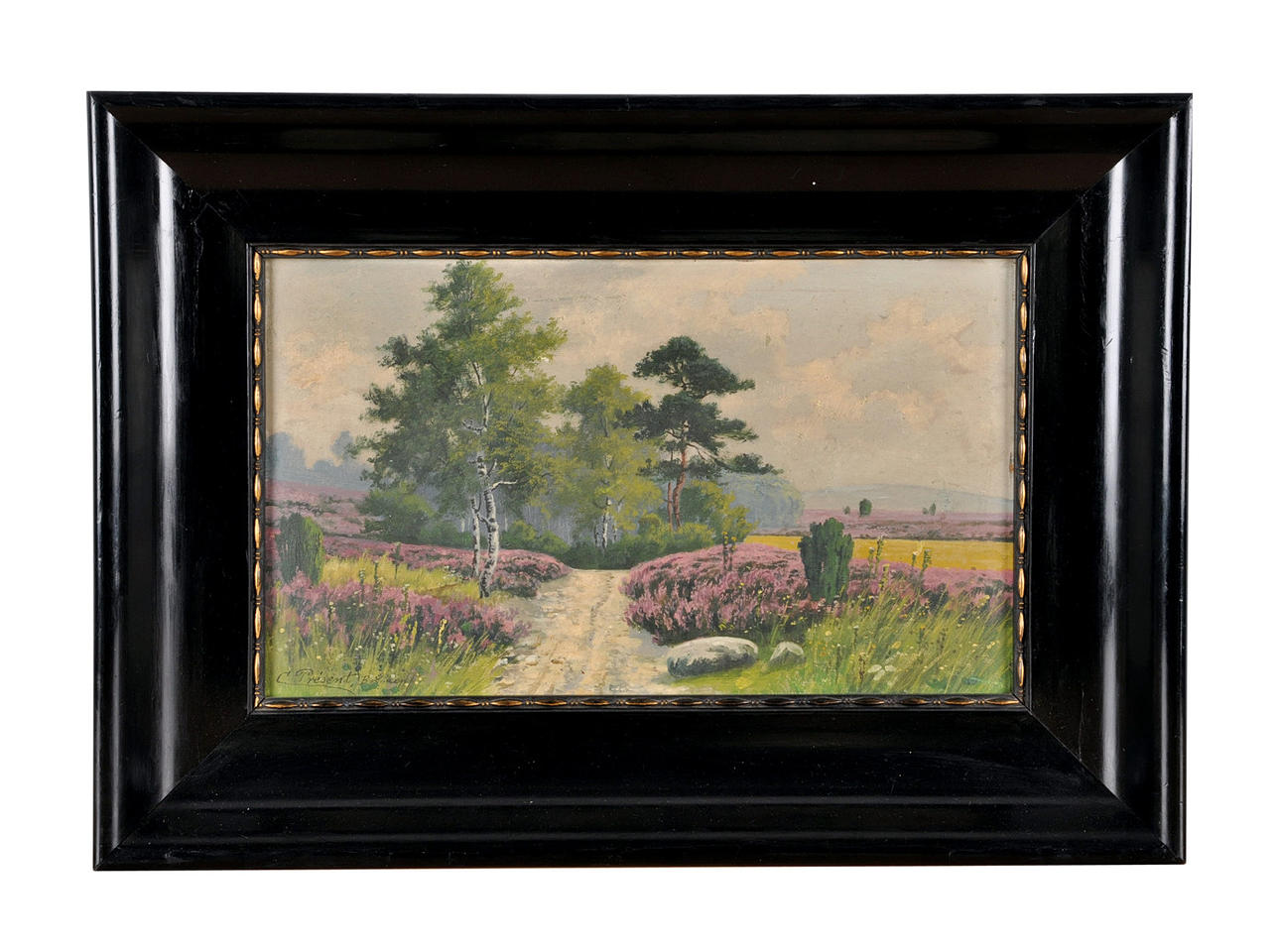 SIGNIERT C. PRESENT, BREMEN. Blommande ljung. pianolack ram.