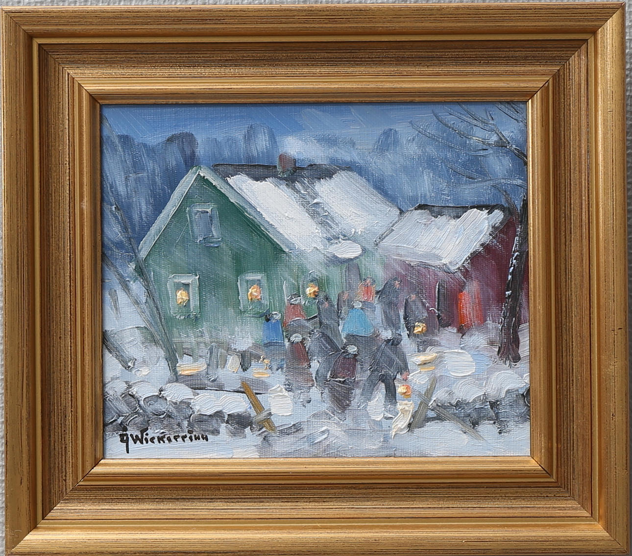 ÅKE WICKSTRÖM. Människor vid hus, olja på duk, signerad.