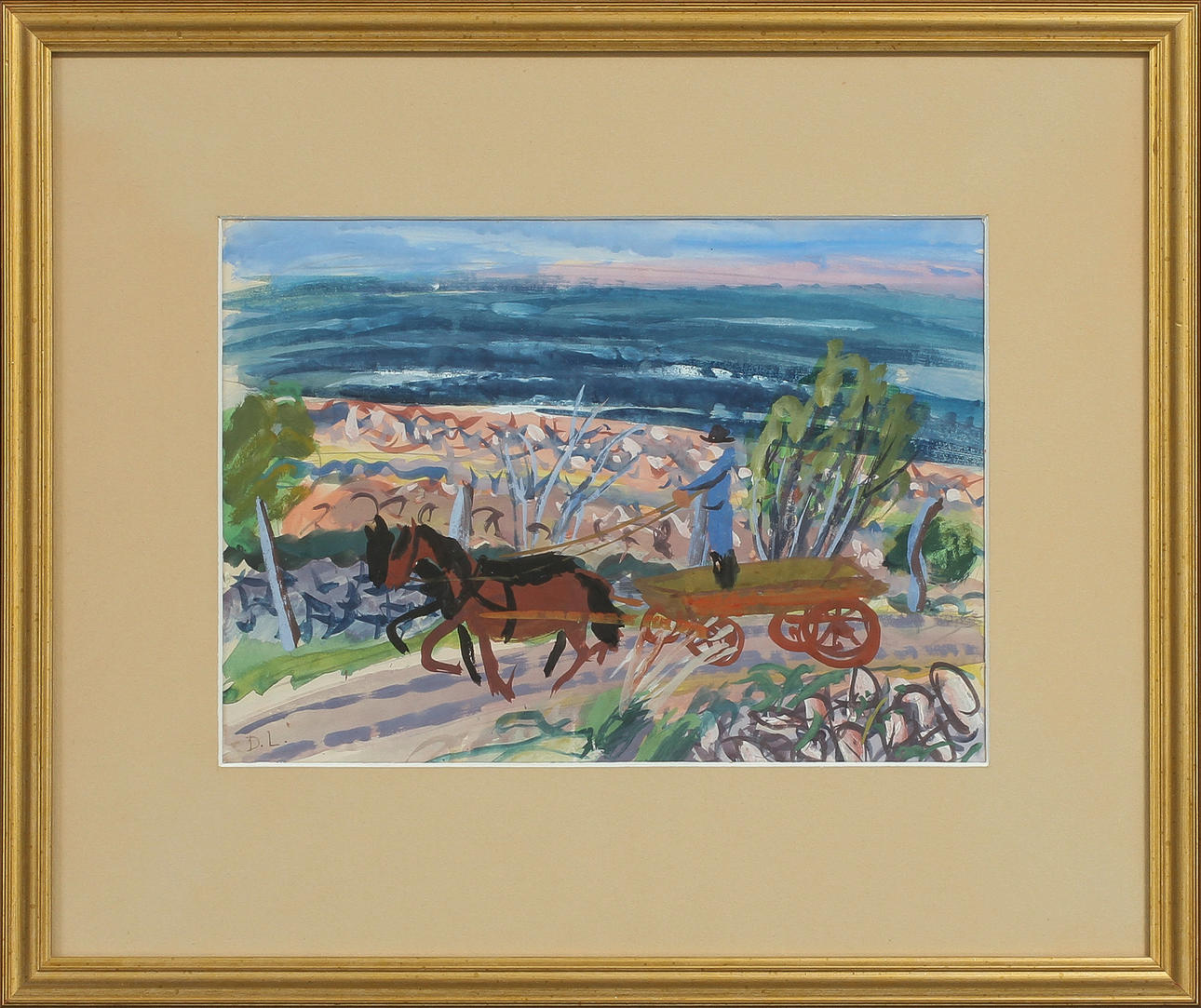 DAVID LARSSON. Landskap med figur och hästar, gouache, signerad.