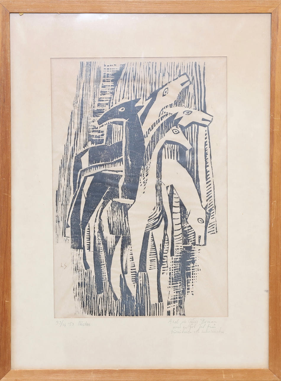 LARS SÖDERSTRÖM. träsnitt, "Hästar", monogramsignerad, numrerad 33/75 samt daterad -53.