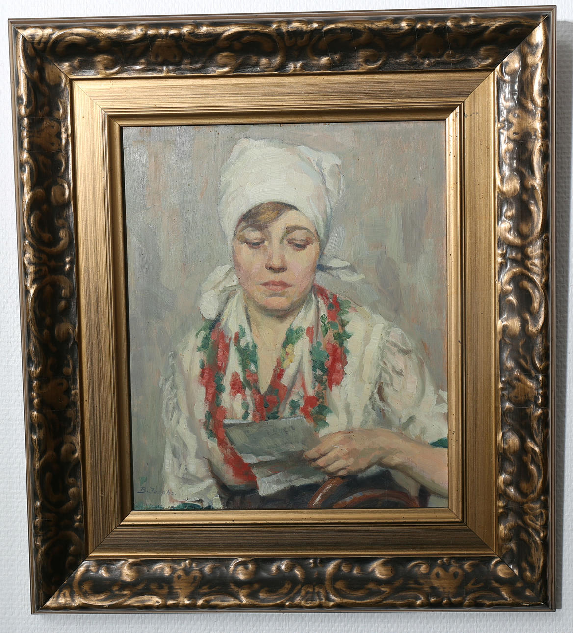 OIDENTIFIERAD KONSTNÄR. Olja på trä, Läsande kvinna, signerad B Jacobs, Tyskland.