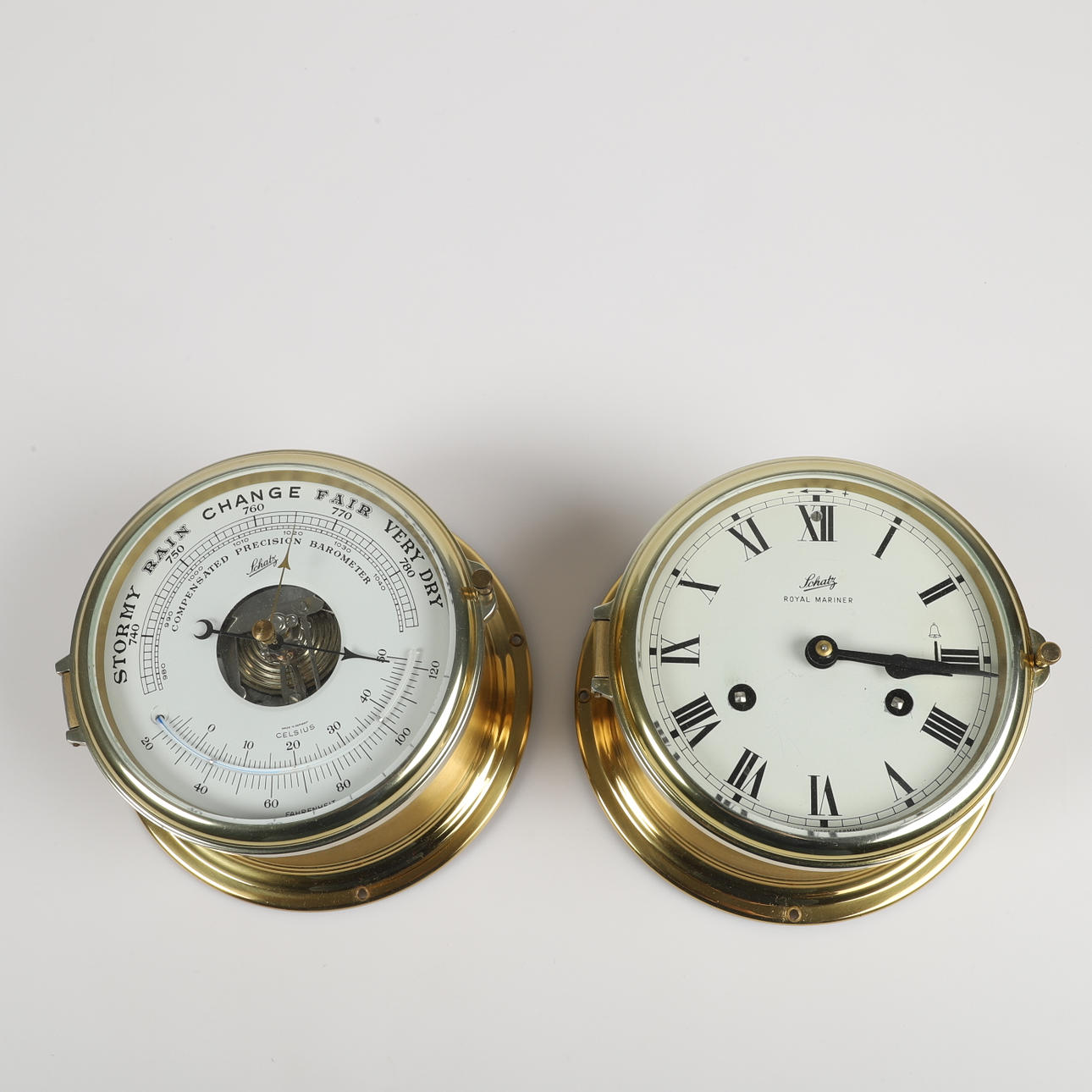 SCHIFFSUHR UND BAROMETER/THERMOMETER, Messing, Royal Mariner, Schatz.