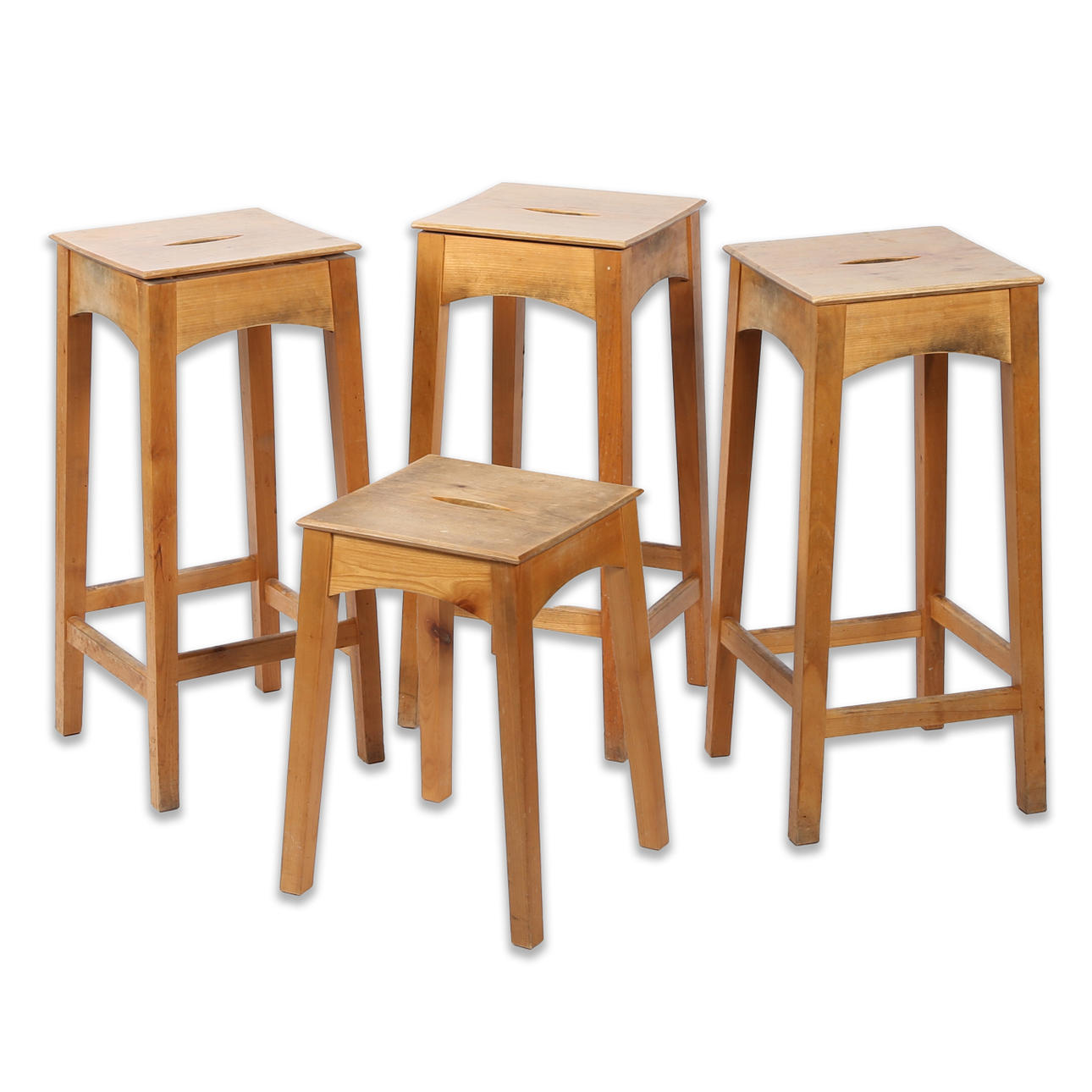 ANDREW BECKWITH FURNITURE, A PAIR OF HIGH STOOLS AND A LOW STOOL.