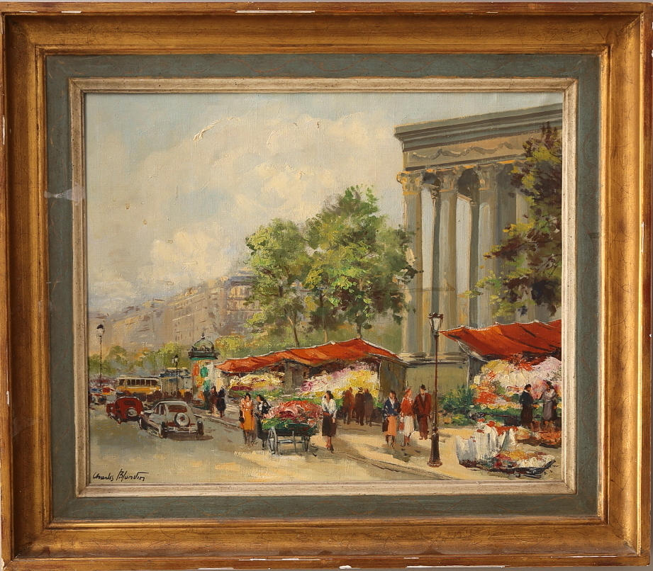 CHARLES BLONDIN. Olja på duk, marknad i stadsmiljö, signerad.