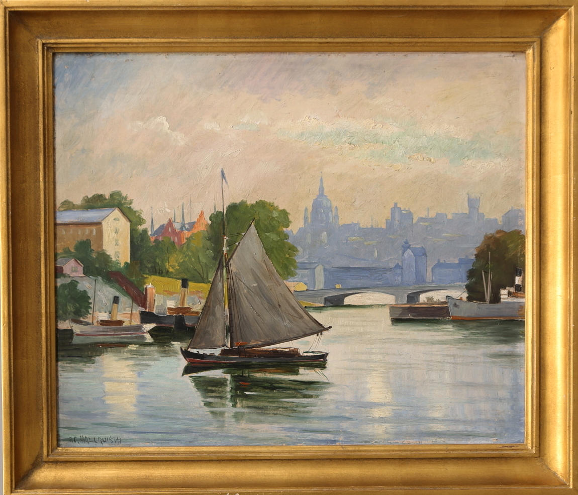RAGNAR C. HALLQUIST. Olja på pannå, flodbåtar, signerad.