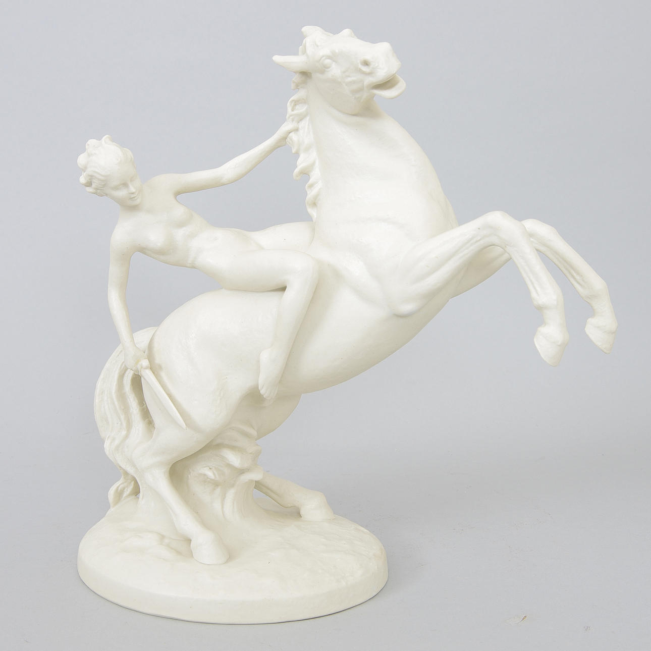 FIGURIN, porslin, kvinna till häst, Schaubachkunst, märkt K. Steiner.