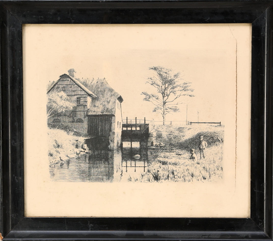 OIDENTIFIERAD KONSTNÄR. Torrnål, fiskande pojkar, monogramsignerad, daterad 1899.