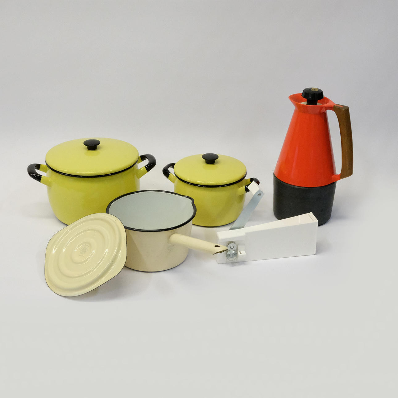 THREE COOKWARE, RED CLEAR & THERMOS, 1950S/60S.