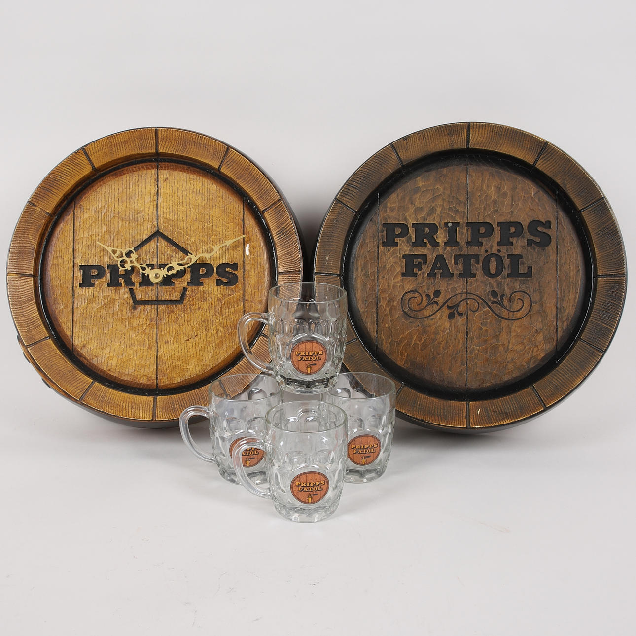 ÖLREKLAM, 6 delar, Pripps fatöl, bl.a. väggklocka.