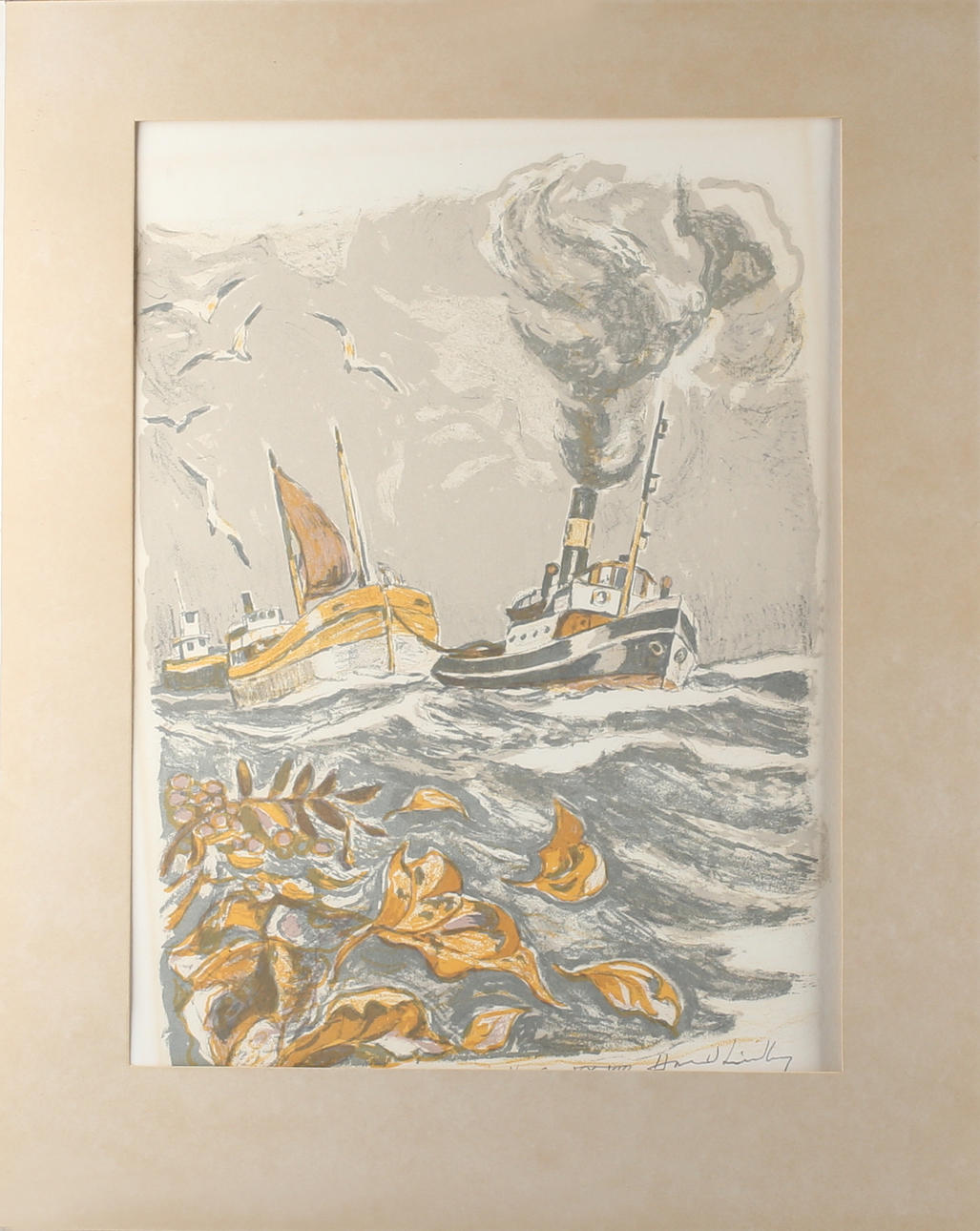 HARALD LINDBERG. Fiskebåtar, färglitografi, signerad samt numrerad H. C. XXVIII.