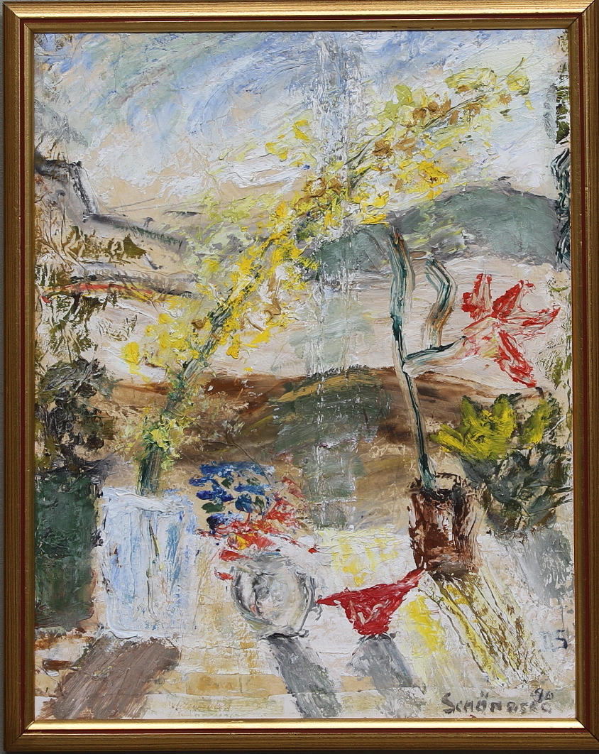 DAGNY SCHÖNBERG. "Blomfönstret". Olja på pannå, signerad.