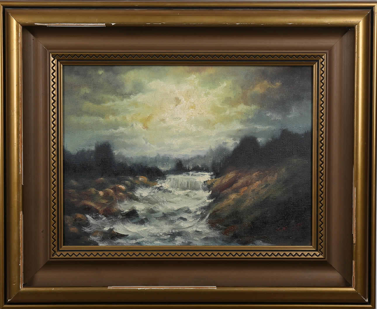 OIDENTIFIERAD KONSTNÄR. Olja på duk, fors i månljus, otydligt signerad.