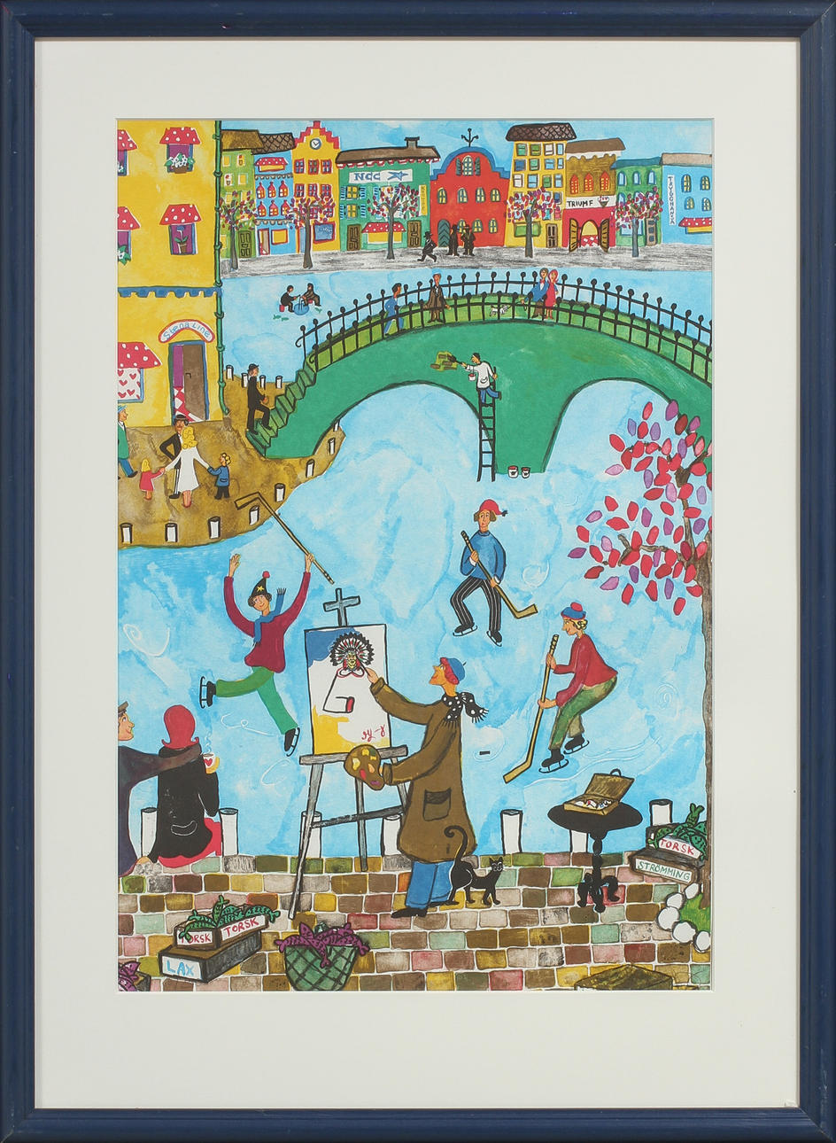 MARIKA LANG. Figurscen, färglitografi, signerad och numrerad 16/250.