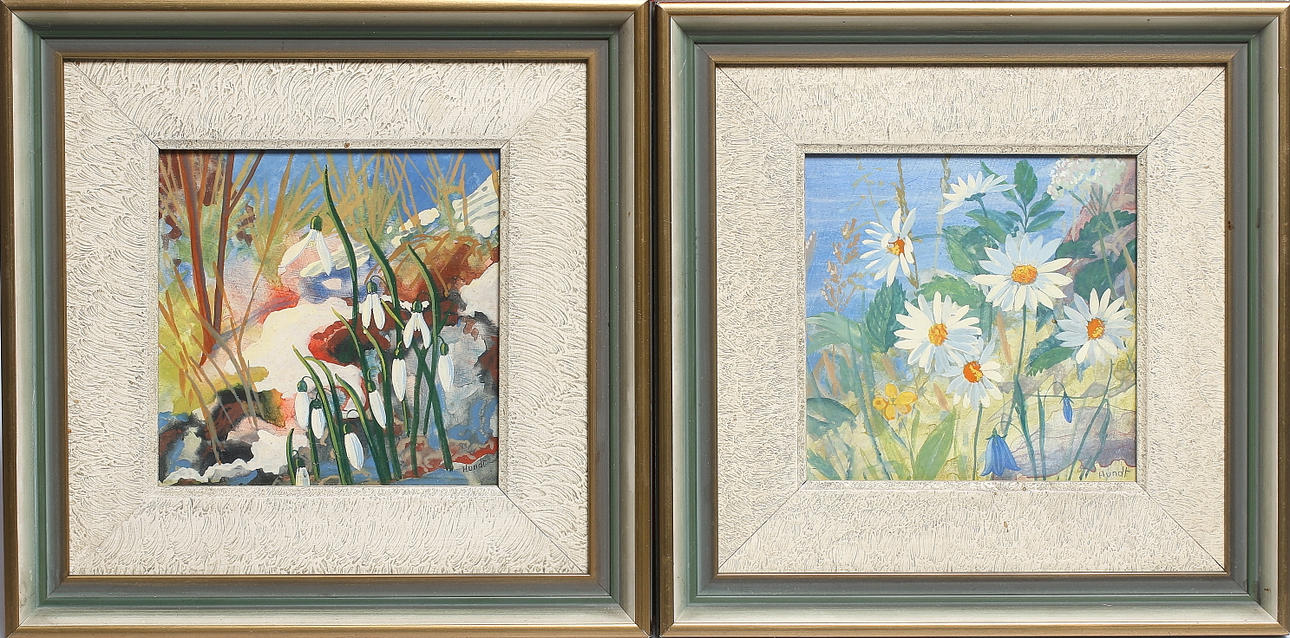 FRIEDRICH WILHELM HUNDT. 2 st, Snödroppar och prästkragar, olja på pannå, signerade.