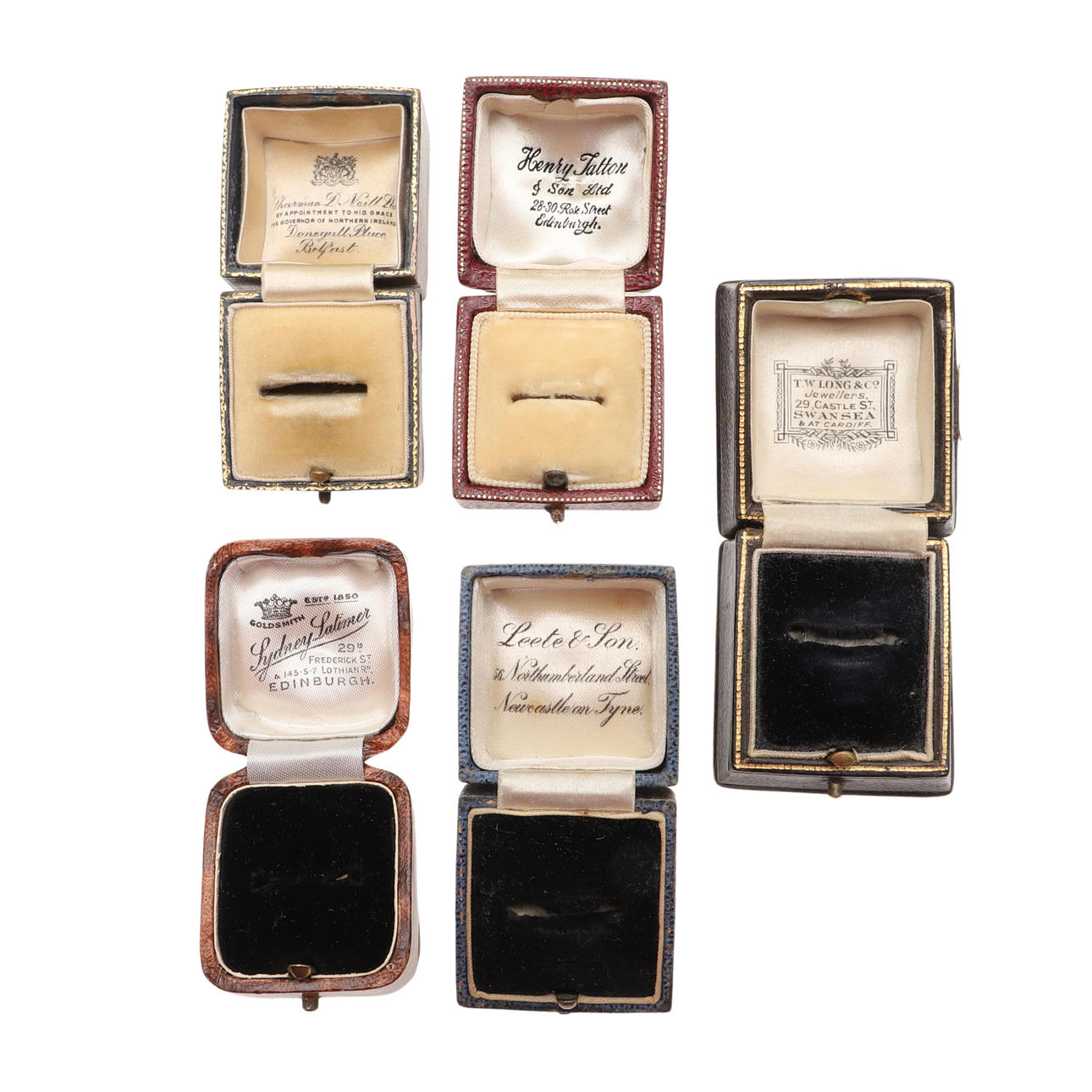 FIVE VINTAGE RING BOXES.