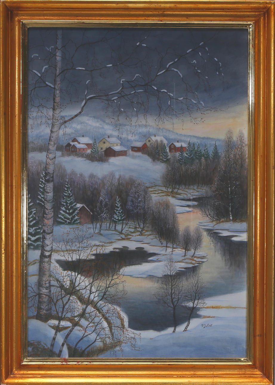 PER JULIUS. Akvarell, 1900-tal, vinterlandskap.