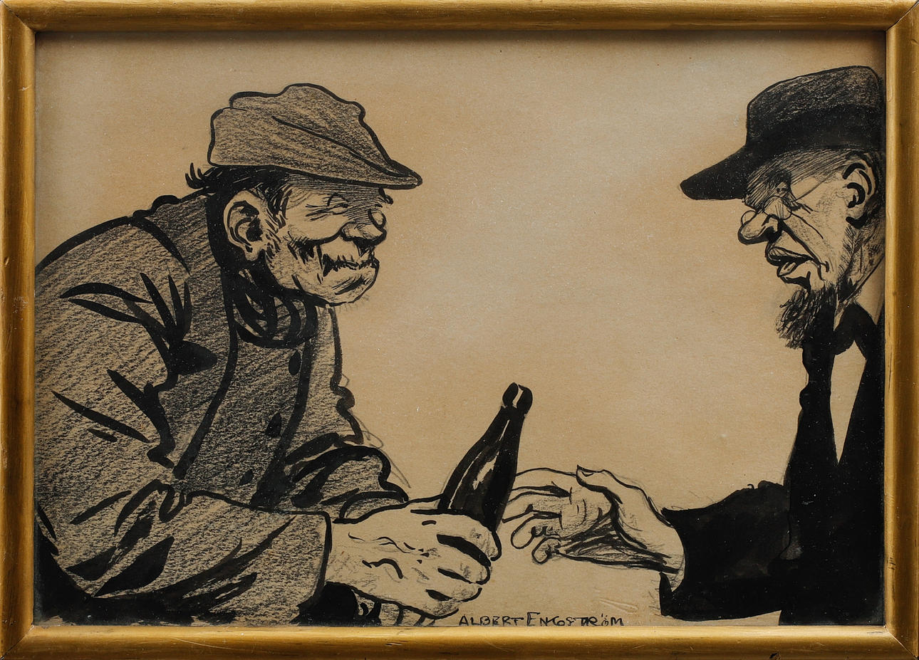 ALBERT ENGSTRÖM. A pilsner changes hands. Mixed media, signed.