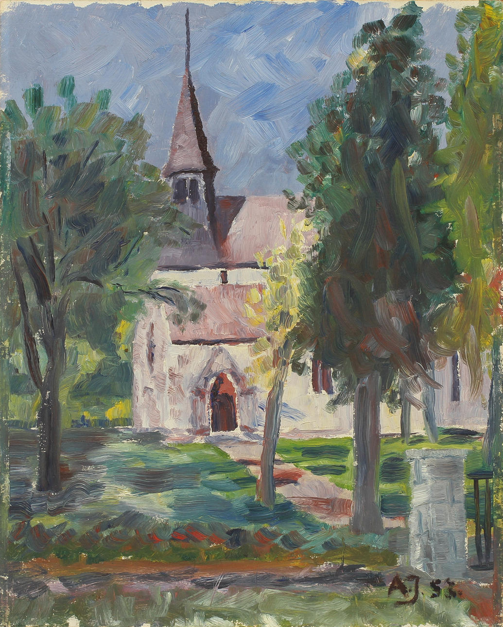 ALVAR JANSSON. Roma kyrka, olja på pannå, monogramsign o dat 53.