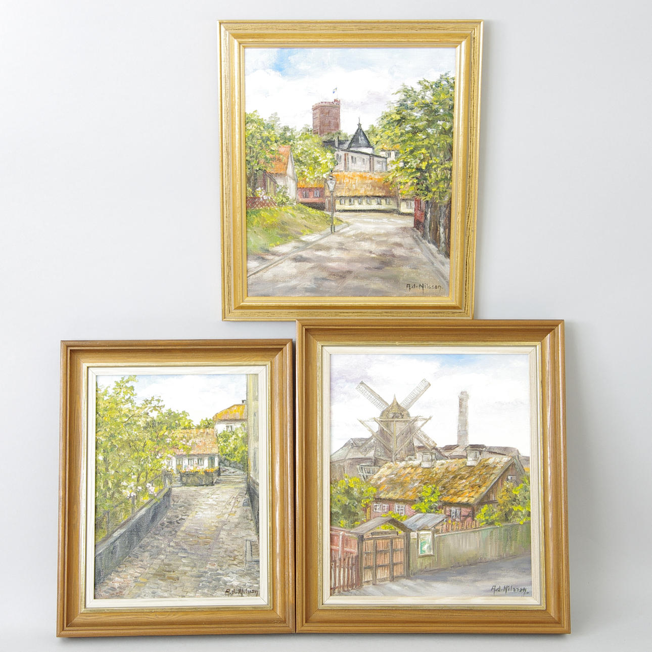 OIDENTIFIERAD KONSTNÄR. Helsingborgsmotiv, 3 stycken, olja på duk, signerade A. d-Nilsson.