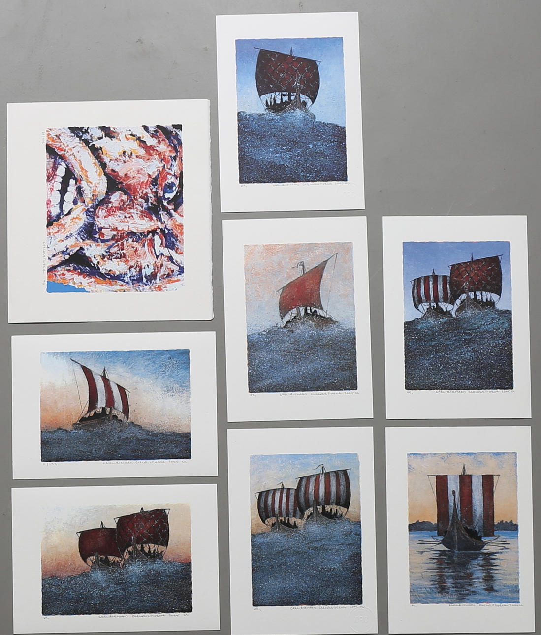 CARL-RICKARD CARLENSTIERNA. Färglitografier, 8 st, vikingamotiv, signerade, daterade 1997 och 2005 samt numrerade 87/100 och EA.