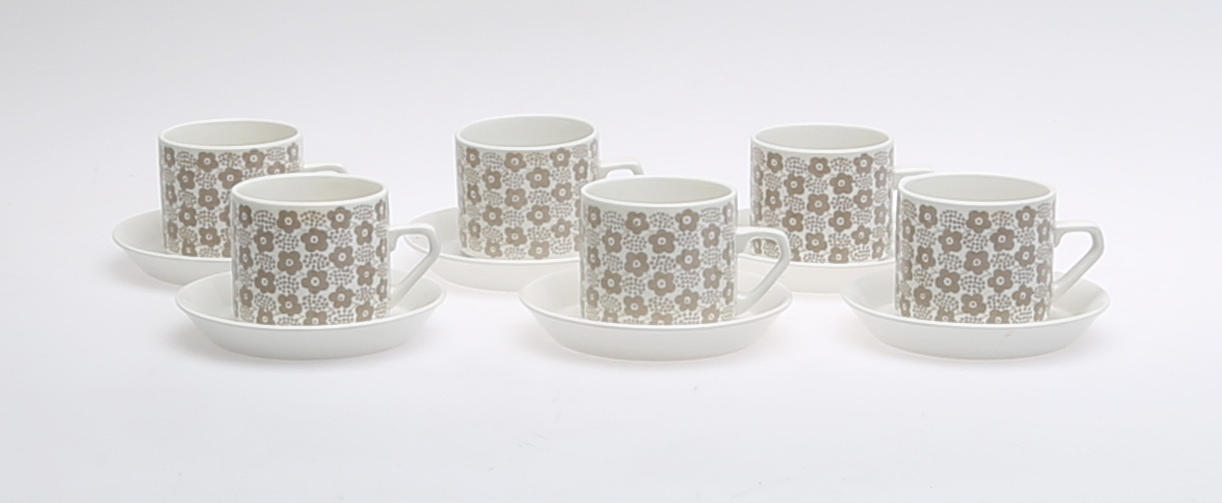 KAFFEKOPPAR samt FAT, 12 delar, "Rypäle", Arabia, Finland, 1900-talets senare del.