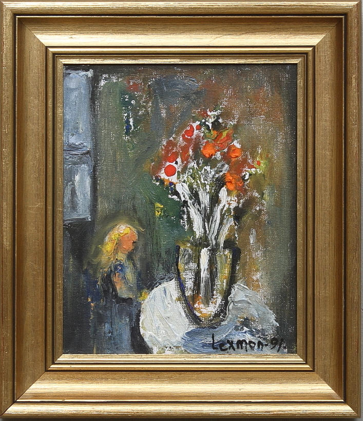ÅKE LEXMON. "Flicka o blommor". Olja på duk. Signerad och daterad -91.