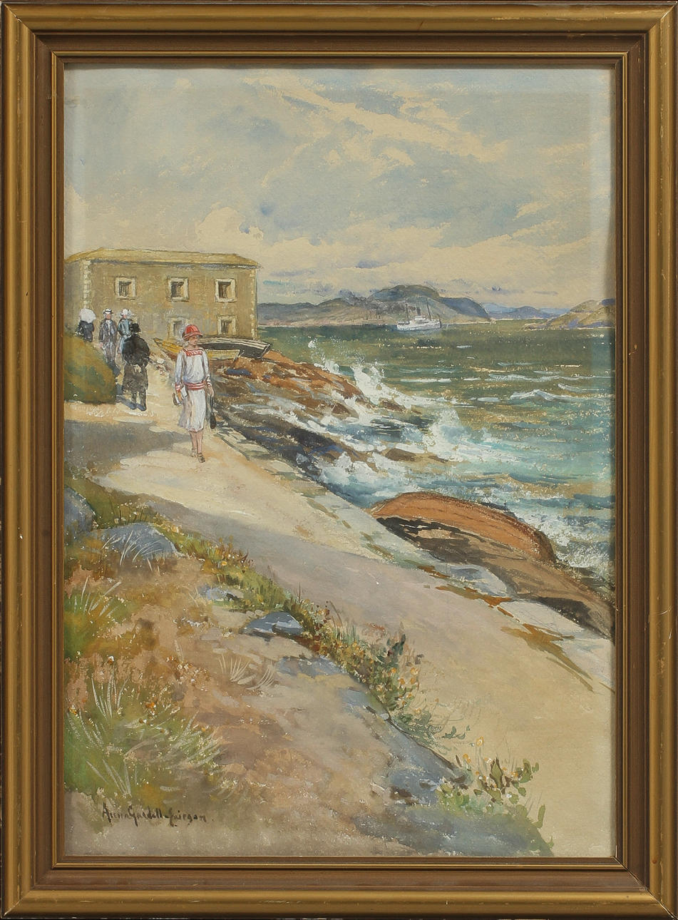 ANNA GARDELL-ERICSON (1853-1939). Promenerande sällskap vid Strandverket på Marstrand, Akvarell, signerad.